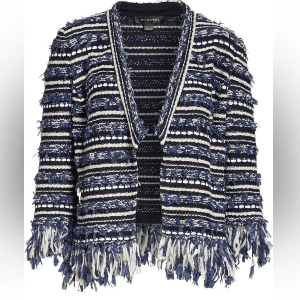 St. John Collection Lofty Floats 3/4 Sleeve Knit Jacket Blue White Size XL - Picture 4 of 11